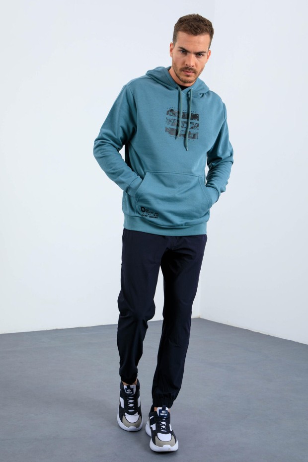 Mint Yeşili Kaplan Baskılı Kapüşonlu Rahat Form Erkek Sweatshirt - 88036