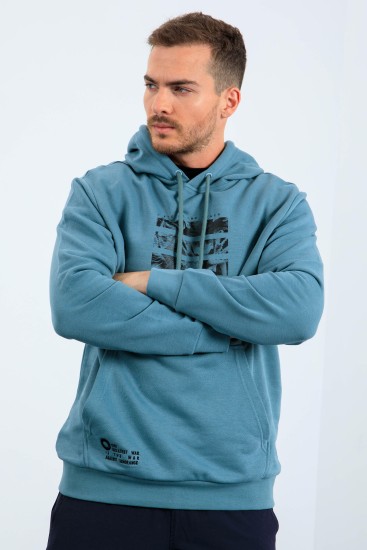 Mint Yeşili Kaplan Baskılı Kapüşonlu Rahat Form Erkek Sweatshirt - 88036 - Thumbnail