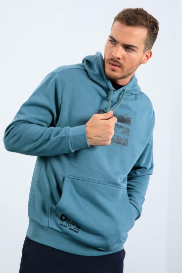 Mint Yeşili Kaplan Baskılı Kapüşonlu Rahat Form Erkek Sweatshirt - 88036 - Thumbnail