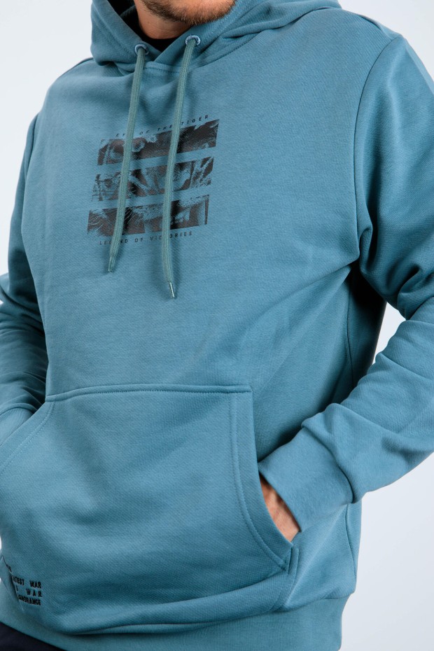 Mint Yeşili Kaplan Baskılı Kapüşonlu Rahat Form Erkek Sweatshirt - 88036