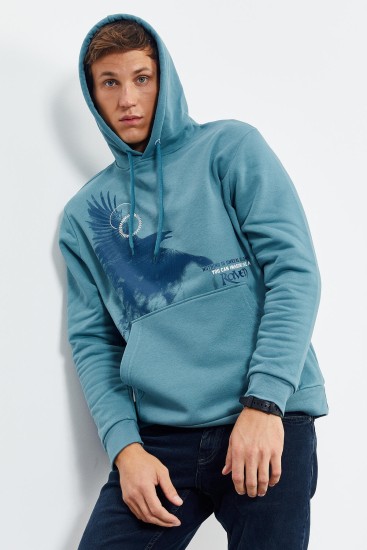 Mint Yeşili Kuzgun Baskılı Kapüşonlu Kanguru Cepli Rahat Form Erkek Sweatshirt - 88014 