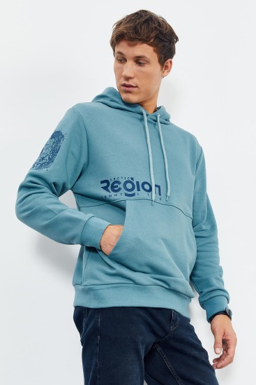 Mint Yeşili Yazı ve Desen Baskılı Kapüşonlu Rahat Form Erkek Sweatshirt - 88011 