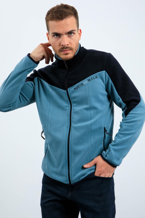 Mint Yeşili İki Renkli Fermuarlı Dik Yaka Standart Kalıp Erkek Sweatshirt Polar - 87994