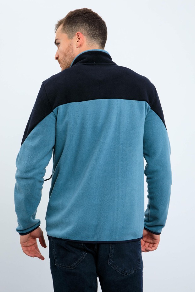 Mint Yeşili İki Renkli Fermuarlı Dik Yaka Standart Kalıp Erkek Sweatshirt Polar - 87994