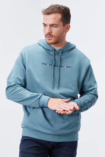 Mint Yeşili Kol Baskılı Kapüşonlu Rahat Form Erkek Sweatshirt - 88038 
