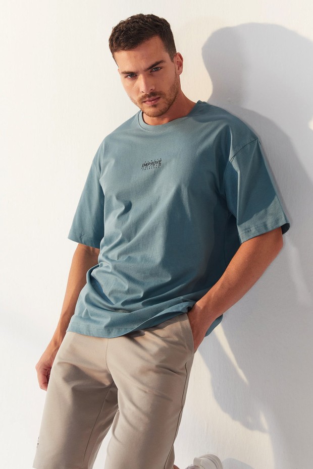 Mint Yeşili Küçük Yazı Baskılı O Yaka Erkek Oversize T-Shirt - 87985