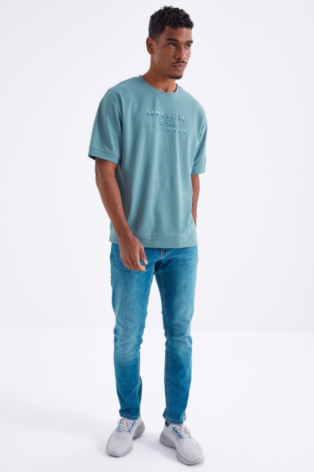 Mint Yeşili Küçük Yazı Nakışlı O Yaka Erkek Oversize T-Shirt - 88103