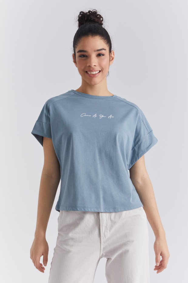 Mint Yeşili Minimal Yazı Baskılı O Yaka Oversize Kadın T-Shirt - 97219