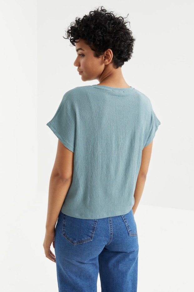 Mint Yeşili O Yaka Önü Büzgü Detaylı Bürümcük Kumaş Kadın Crop Top T-Shirt - 97228