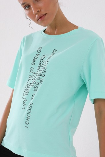 Mint Yeşili Pembe Dikey Yazı Baskılı O Yaka Kadın Oversize T-Shirt - 97138 - Thumbnail