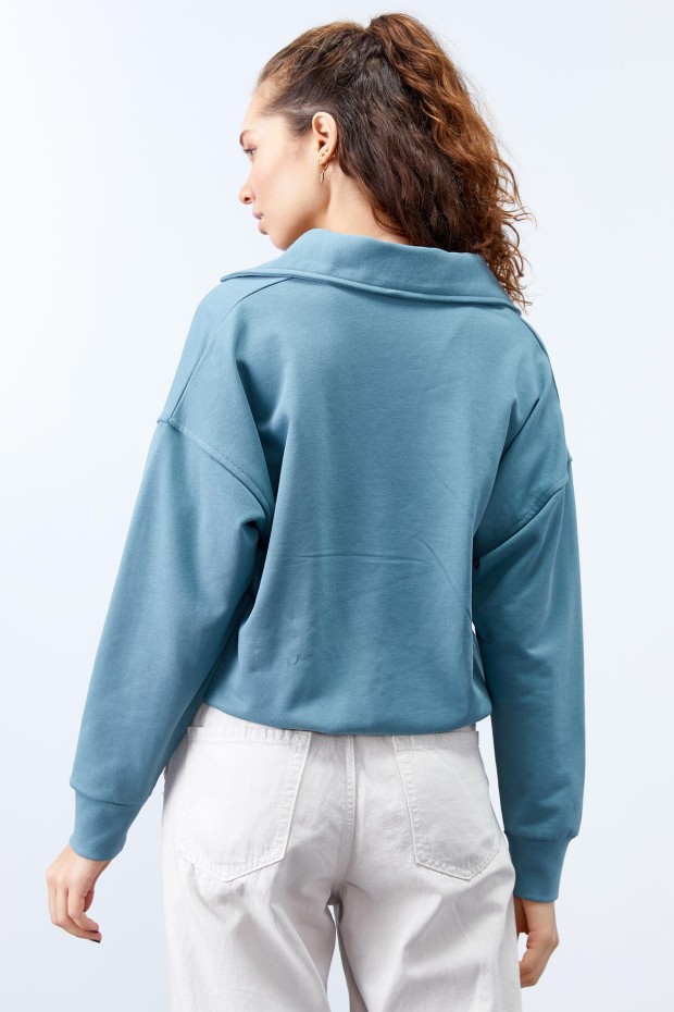 Mint Yeşili Polo Yaka Etek Ucu Büzgülü Kadın Oversize Sweatshirt - 97180