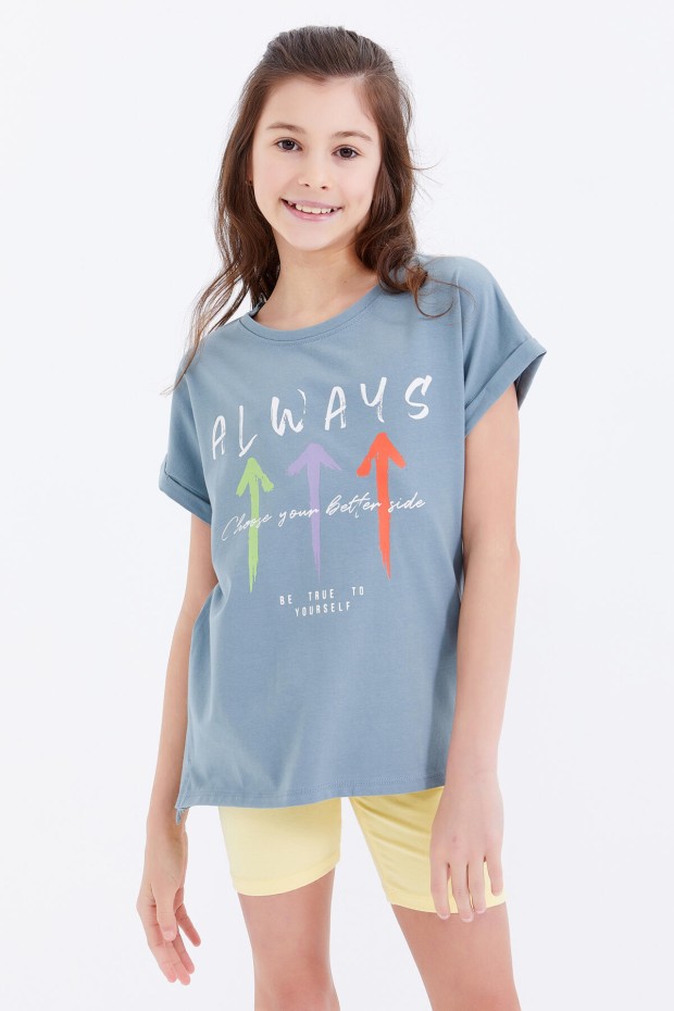 Mint Yeşili Renkli Yazı Baskılı O Yaka Düşük Omuz Kız Çocuk T-Shirt - 75026