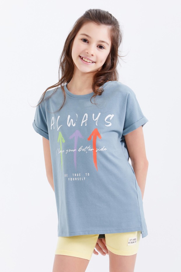 Mint Yeşili Renkli Yazı Baskılı O Yaka Düşük Omuz Kız Çocuk T-Shirt - 75026
