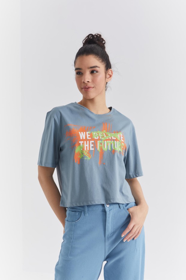 Mint Yeşili Renkli Yazı Baskılı O Yaka Kadın Oversize T-Shirt - 97212