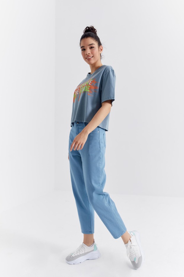 Mint Yeşili Renkli Yazı Baskılı O Yaka Kadın Oversize T-Shirt - 97212