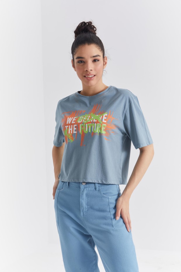 Mint Yeşili Renkli Yazı Baskılı O Yaka Kadın Oversize T-Shirt - 97212