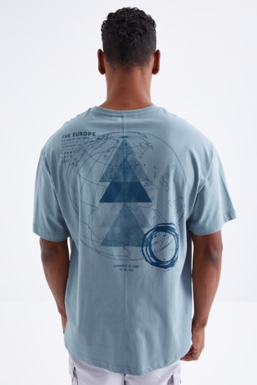 Mint Yeşili Sırt Baskılı O Yaka Erkek Oversize T-shirt - 88091 