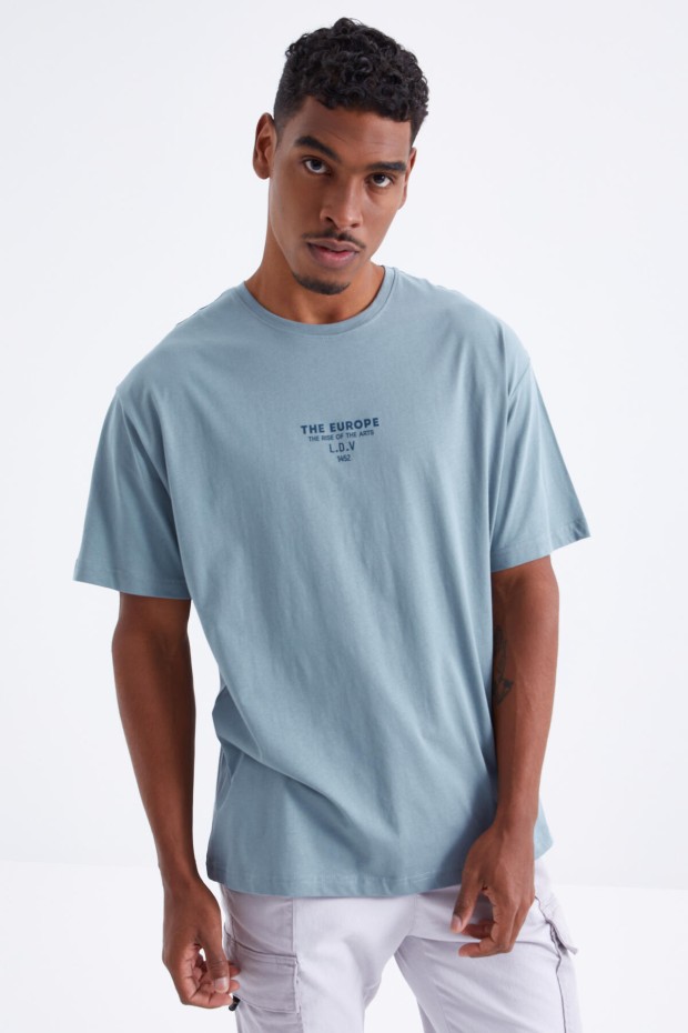 Mint Yeşili Sırt Baskılı O Yaka Erkek Oversize T-shirt - 88091 - 2