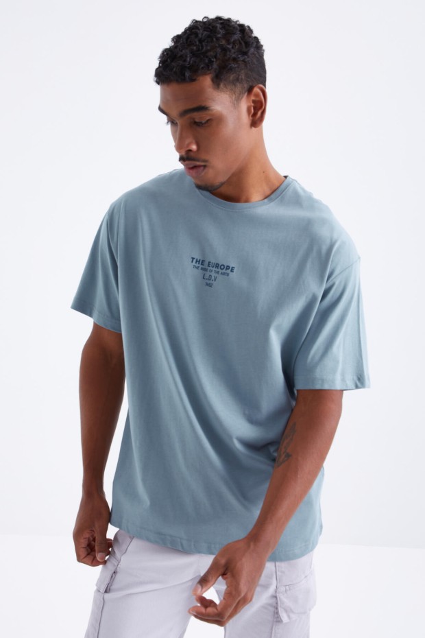 Mint Yeşili Sırt Baskılı O Yaka Erkek Oversize T-shirt - 88091 - 4