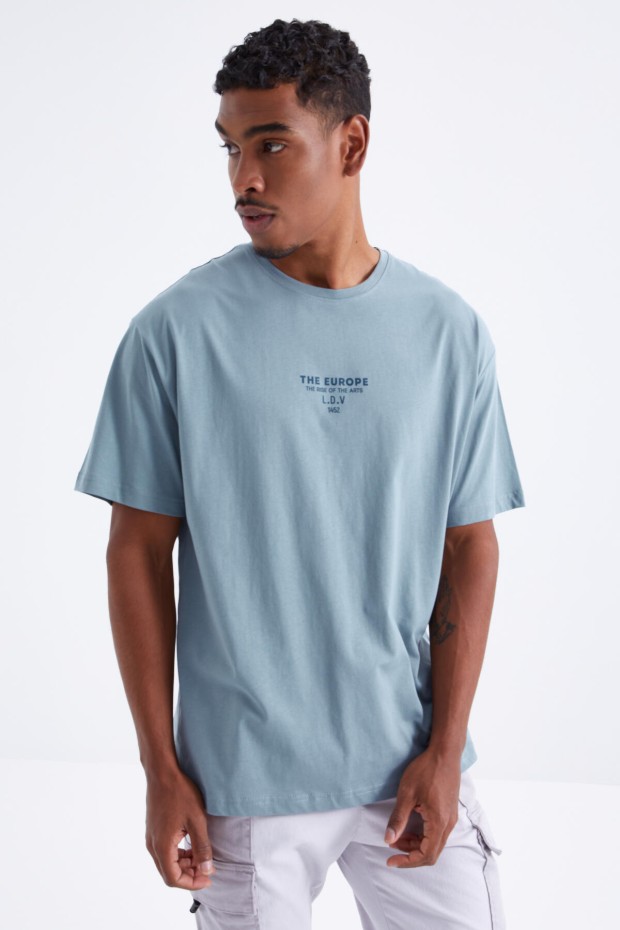 Mint Yeşili Sırt Baskılı O Yaka Erkek Oversize T-shirt - 88091 - 6