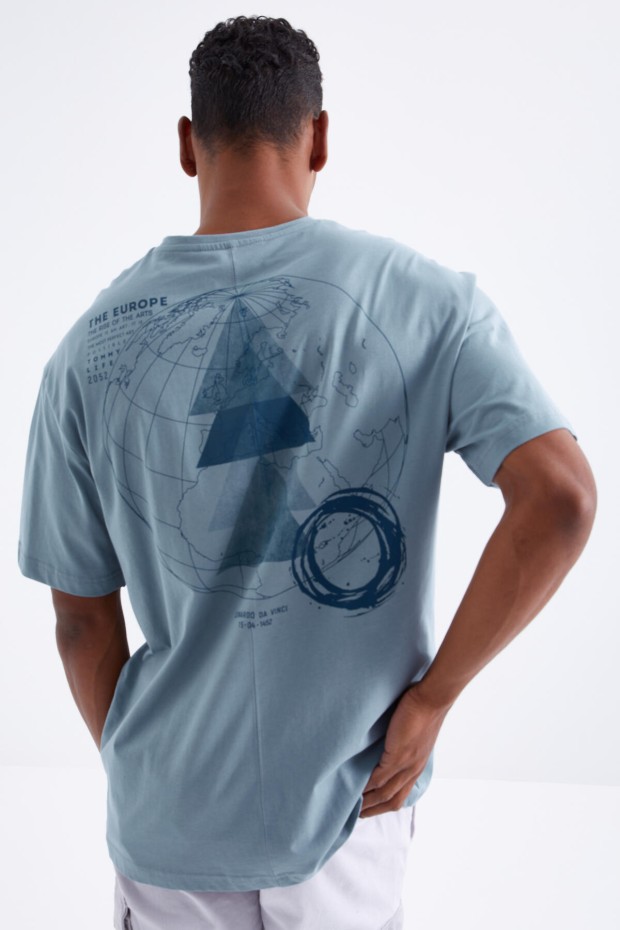 Mint Yeşili Sırt Baskılı O Yaka Erkek Oversize T-shirt - 88091 - 8