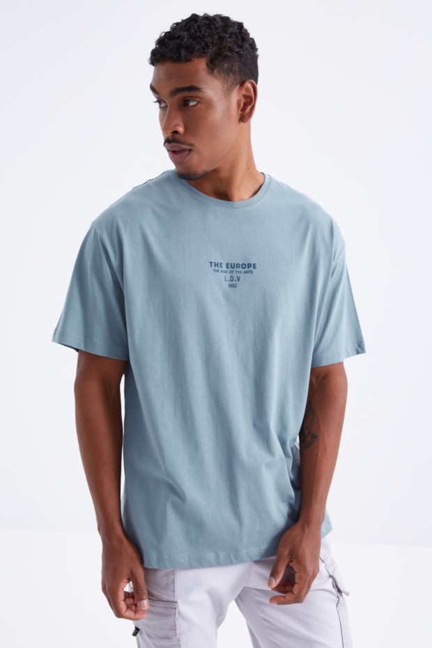 Mint Yeşili Sırt Baskılı O Yaka Erkek Oversize T-shirt - 88091