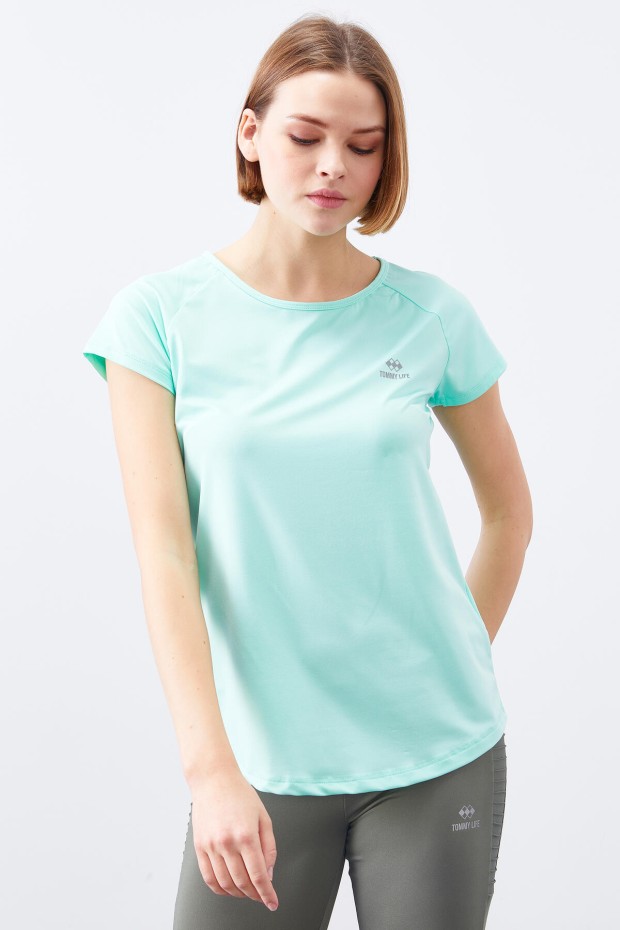 Mint Yeşili Sırt Pencereli Kısa Kol Standart Kalıp O Yaka Kadın T-Shirt - 97101