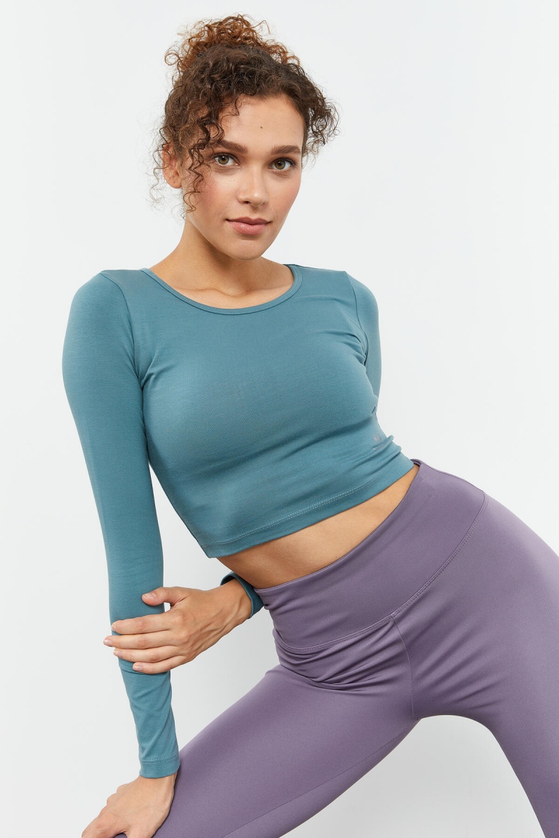 Mint Yeşili Uzun Kollu Dar Kalıp O Yaka Kadın Crop Top T-Shirt - 97150 - 6
