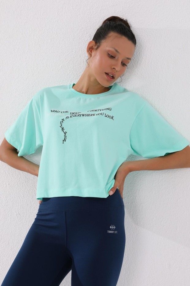 Mint Yeşili Yazı Baskılı Kısa O Yaka Kadın Oversize T-Shirt - 97135