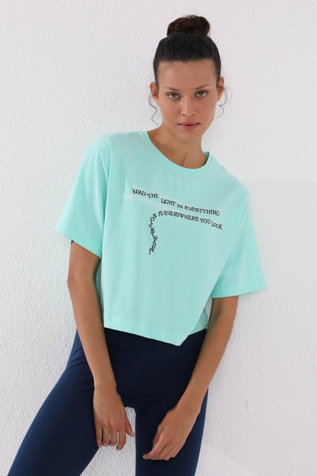 Mint Yeşili Yazı Baskılı Kısa O Yaka Kadın Oversize T-Shirt - 97135