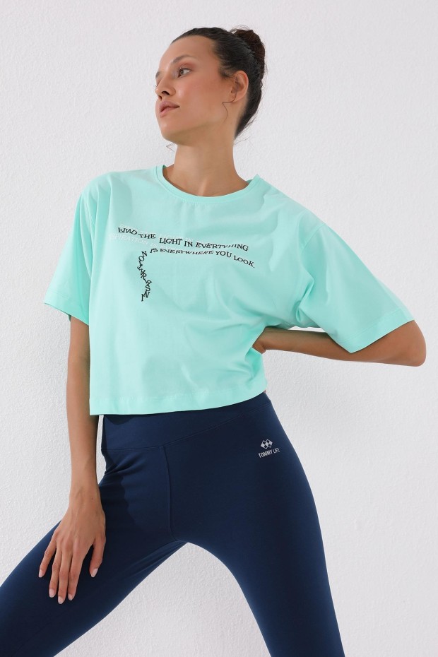 Mint Yeşili Yazı Baskılı Kısa O Yaka Kadın Oversize T-Shirt - 97135