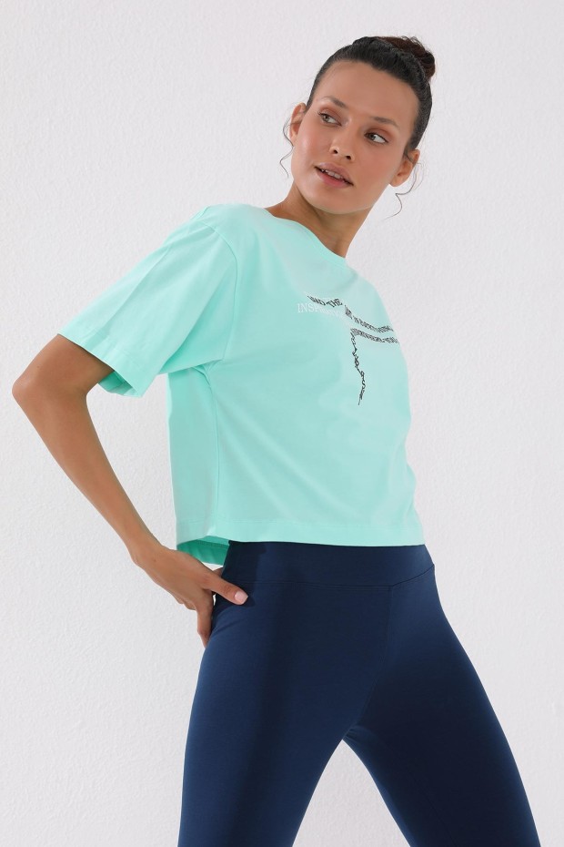 Mint Yeşili Yazı Baskılı Kısa O Yaka Kadın Oversize T-Shirt - 97135
