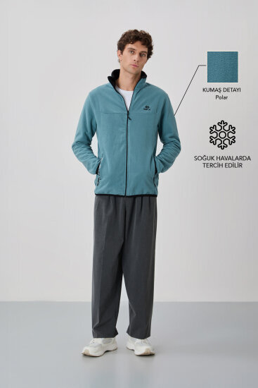 Mint Yeşili Yazı Nakışlı Dik Yaka Fermuarlı Standart Kalıp Erkek Sweatshirt Polar - 87992 