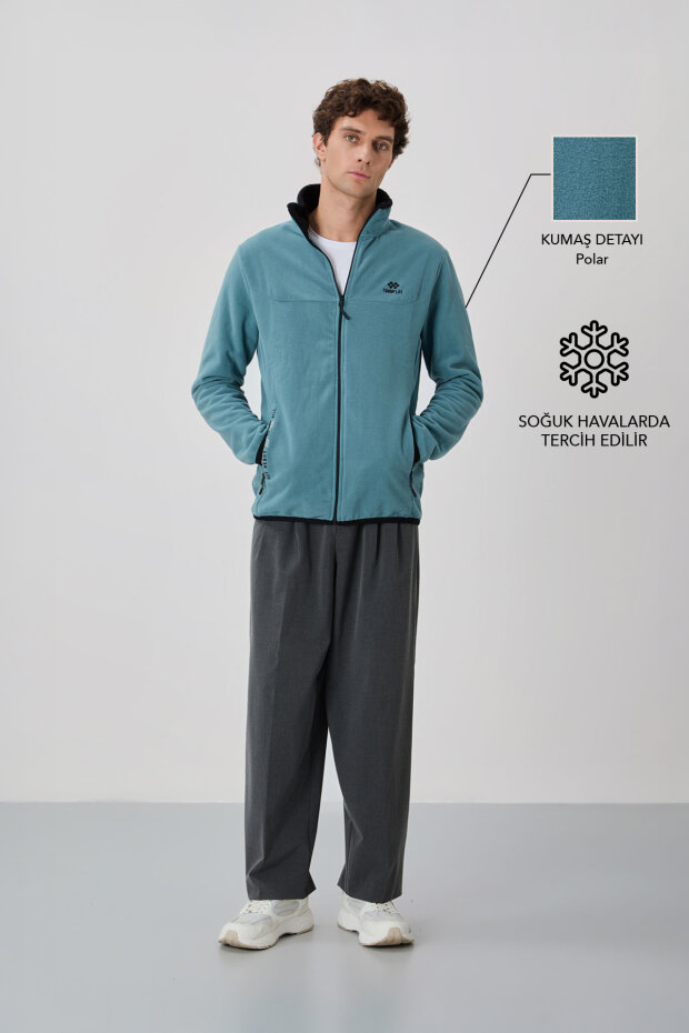 Mint Yeşili Yazı Nakışlı Dik Yaka Fermuarlı Standart Kalıp Erkek Sweatshirt Polar - 87992 - 1