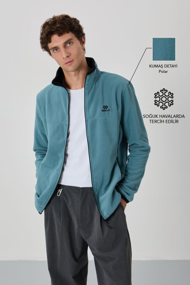 Mint Yeşili Yazı Nakışlı Dik Yaka Fermuarlı Standart Kalıp Erkek Sweatshirt Polar - 87992 - 1