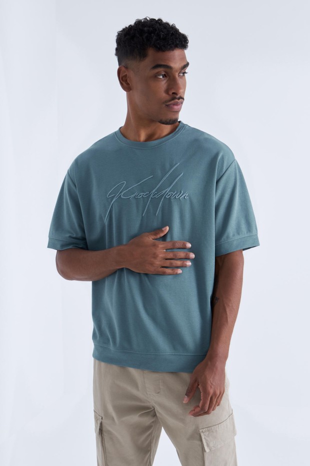 Mint Yeşili Yazı Nakışlı O Yaka Erkek Oversize T-Shirt - 88102