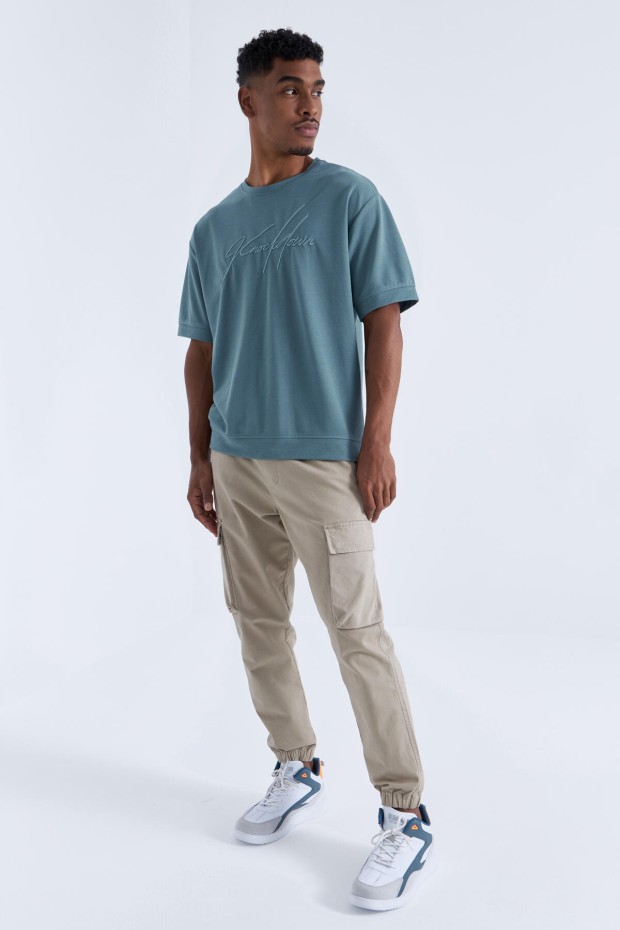 Mint Yeşili Yazı Nakışlı O Yaka Erkek Oversize T-Shirt - 88102