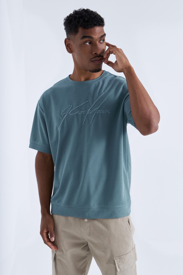 Mint Yeşili Yazı Nakışlı O Yaka Erkek Oversize T-Shirt - 88102
