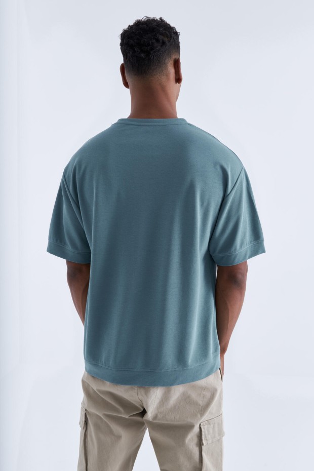 Mint Yeşili Yazı Nakışlı O Yaka Erkek Oversize T-Shirt - 88102