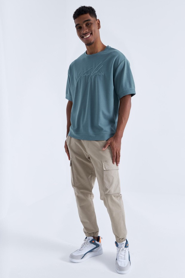 Mint Yeşili Yazı Nakışlı O Yaka Erkek Oversize T-Shirt - 88102