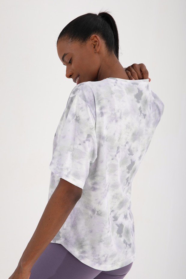 Mor Arkası Uzun Baskılı Batik Desenli O Yaka Kadın Oversize T-Shirt - 97128
