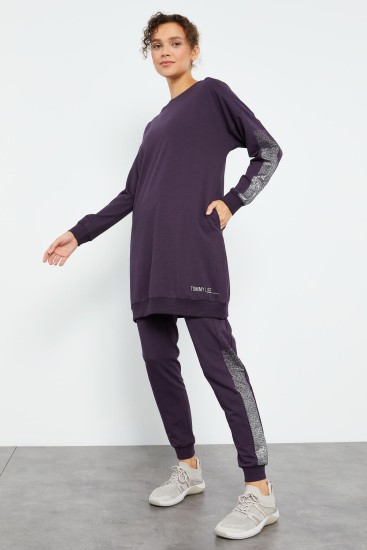 Mor O Yaka Sim Detaylı Rahat Form Jogger Kadın Eşofman Tunik Takım - 03483 