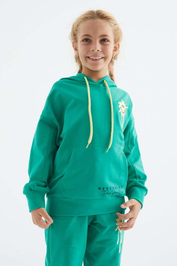 Deniz Yeşil Nakışlı Kanguru Cepli Kapüşonlu Kız Çocuk Eşofman Takım - 75083