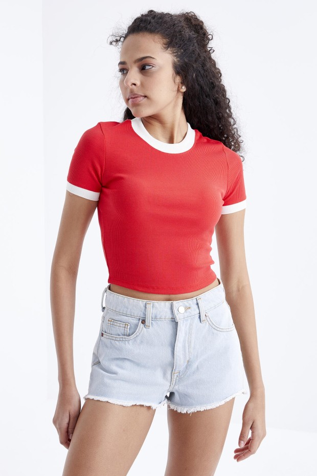 Nar Çiçeği Basic Kol Detaylı O Yaka Kadın Crop Top T-Shirt - 97200