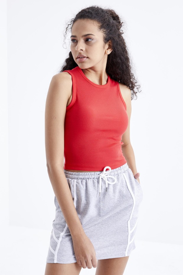 Nar Çiçeği Basic Kolsuz O Yaka Kadın Crop Top Atlet - 97204