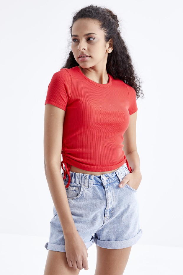 Nar Çiçeği Basic Yanı Büzgülü O Yaka Kadın Crop Top T-Shirt - 97203