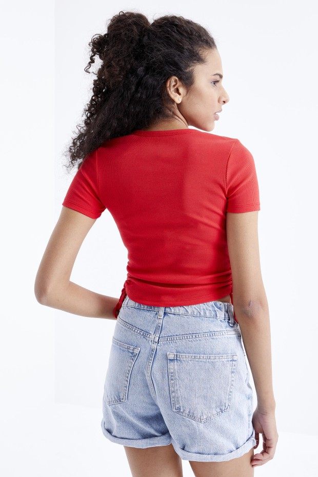 Nar Çiçeği Basic Yanı Büzgülü O Yaka Kadın Crop Top T-Shirt - 97203