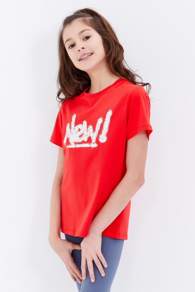 Nar Çiçeği Basic Yazı Baskılı O Yaka Rahat Form Kız Çocuk T-Shirt - 75041