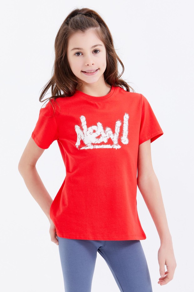Nar Çiçeği Basic Yazı Baskılı O Yaka Rahat Form Kız Çocuk T-Shirt - 75041