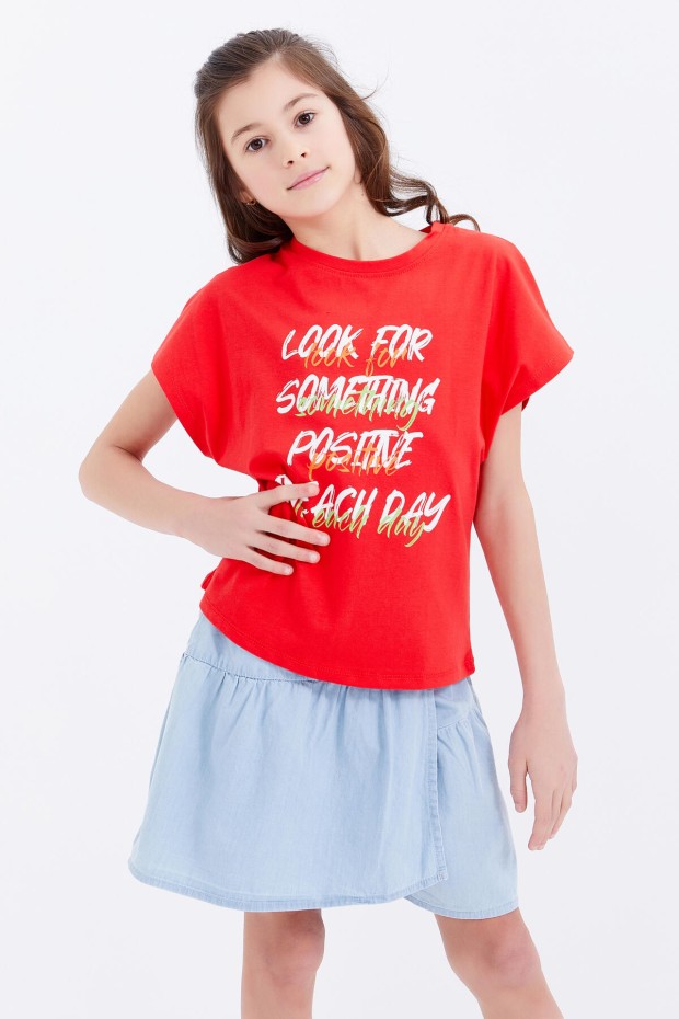 Nar Çiçeği Oversize Renkli Yazı Baskılı O Yaka Kız Çocuk T-Shirt - 75029